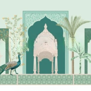 Mughal garden arch, plant, peacock illustration